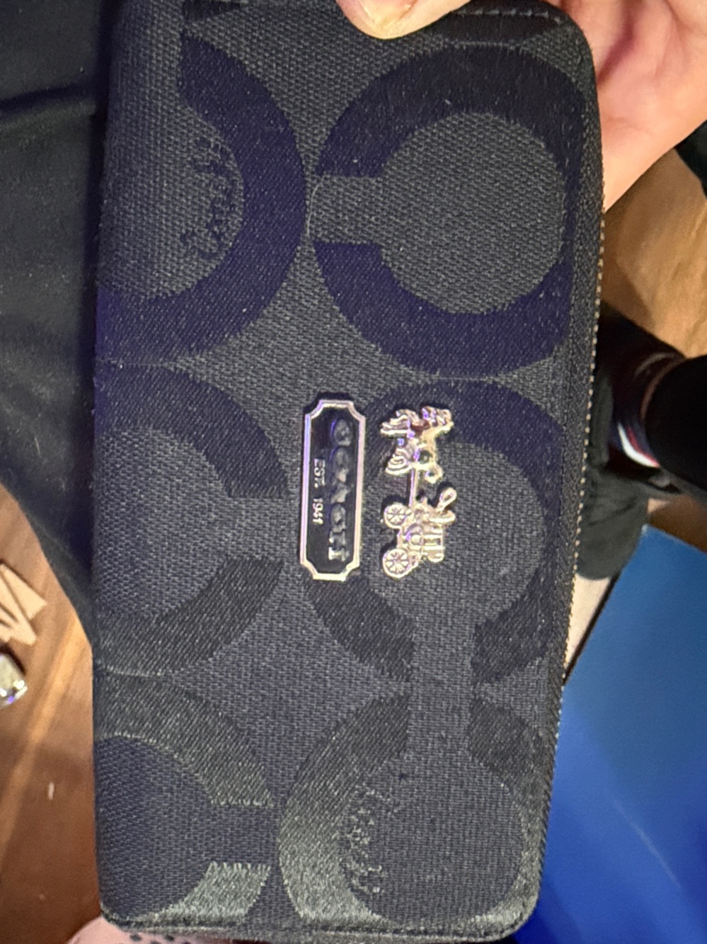 Coach Black Signature Jacquard Phone Wallet with Coach Horse & Carriage Plaque